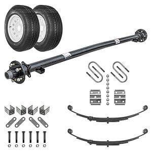 Rockwell American 3,500 lb idler trailer axle running gear kit with leaf springs, hanger kit, 15 inch wheels, and ST205/75R15 radial trailer tires