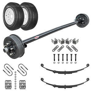 Rockwell American 3500 lb electric brake trailer axle running gear kit with radial tires, leaf springs, U-bolts, and hanger kit