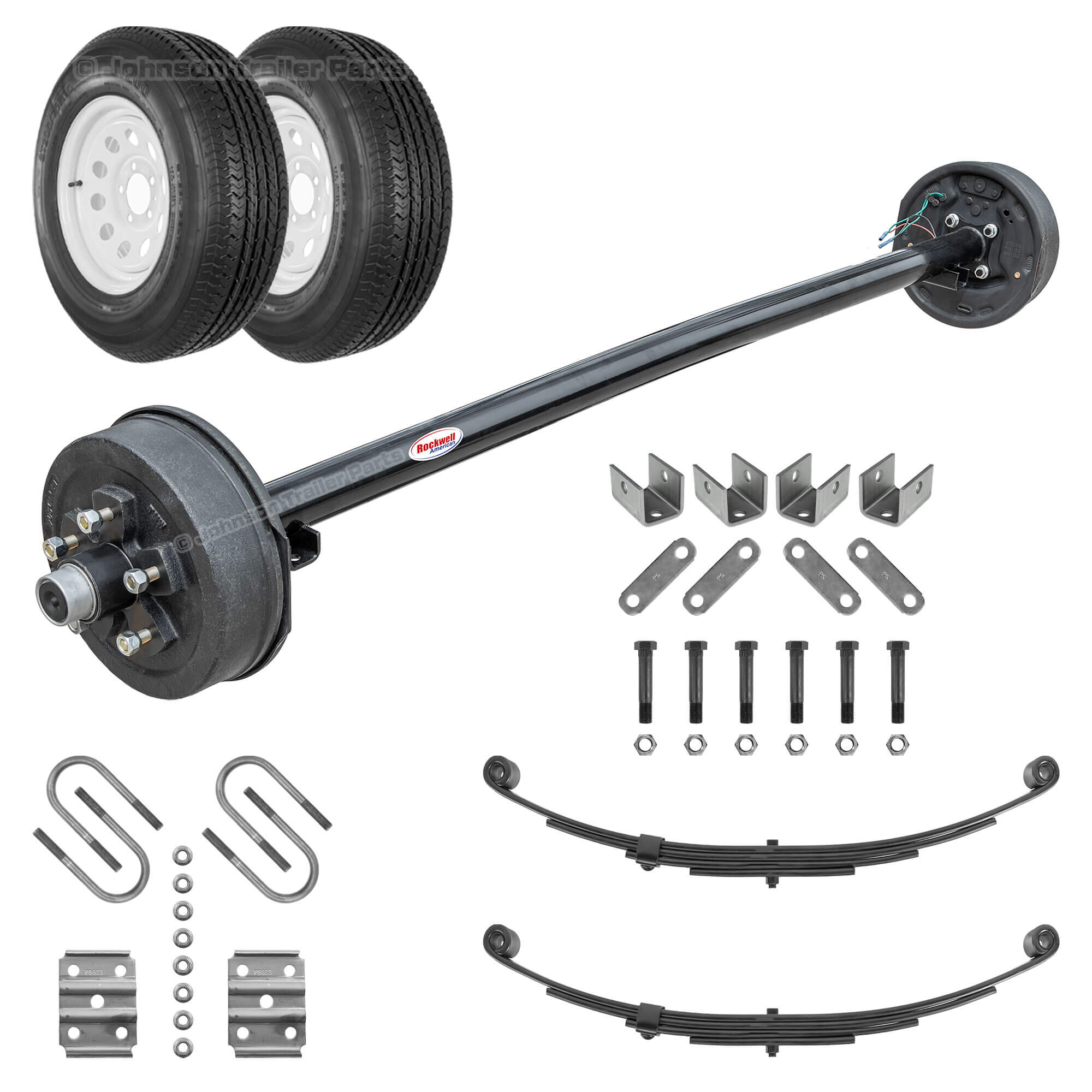 Rockwell American 3500 lb electric brake trailer axle running gear kit with radial tires, leaf springs, U-bolts, and hanger kit