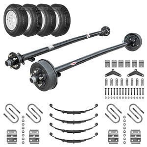 Rockwell American tandem 3500 lb trailer axle running gear kit with one electric brake axle, one idler axle, tandem hanger kit, double-eye leaf springs, U-bolt kits, wheels, and ST205/75R15 radial trailer tires