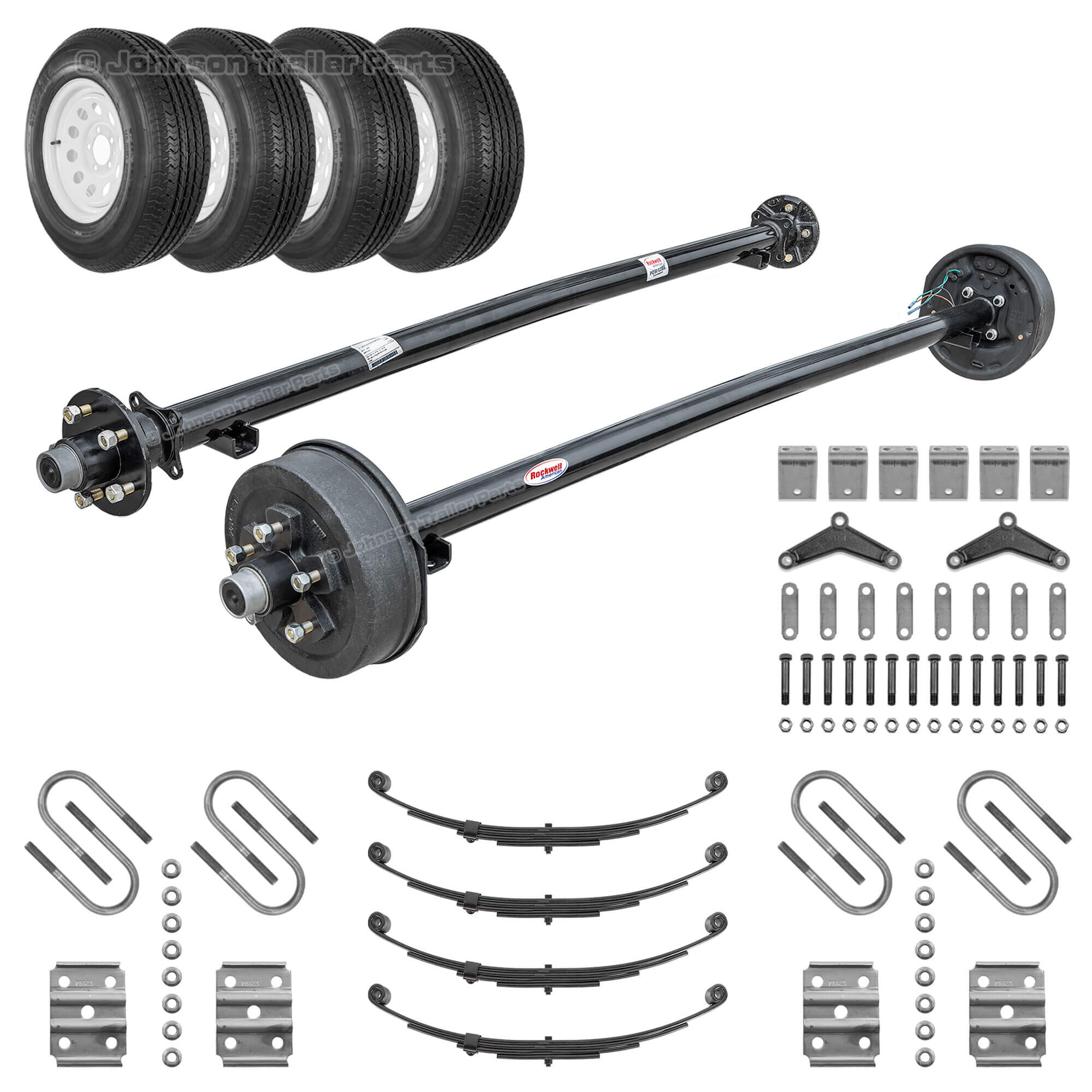 Rockwell American tandem 3500 lb trailer axle running gear kit with one electric brake axle, one idler axle, tandem hanger kit, double-eye leaf springs, U-bolt kits, wheels, and ST205/75R15 radial trailer tires