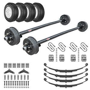 Rockwell American tandem 3500 lb electric brake trailer axle running gear kit with dual brake axles, tandem hanger kit, leaf springs, U-bolt kits, wheels, and ST205/75R15 radial trailer tires