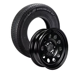 ST205/75R15″ Sonoran Radial Tire & 15″ Modular Steel Wheel Assembly – Load Range C, 5 on 4.5″ Bolt Pattern, Black Gloss Finish, Zero Offset