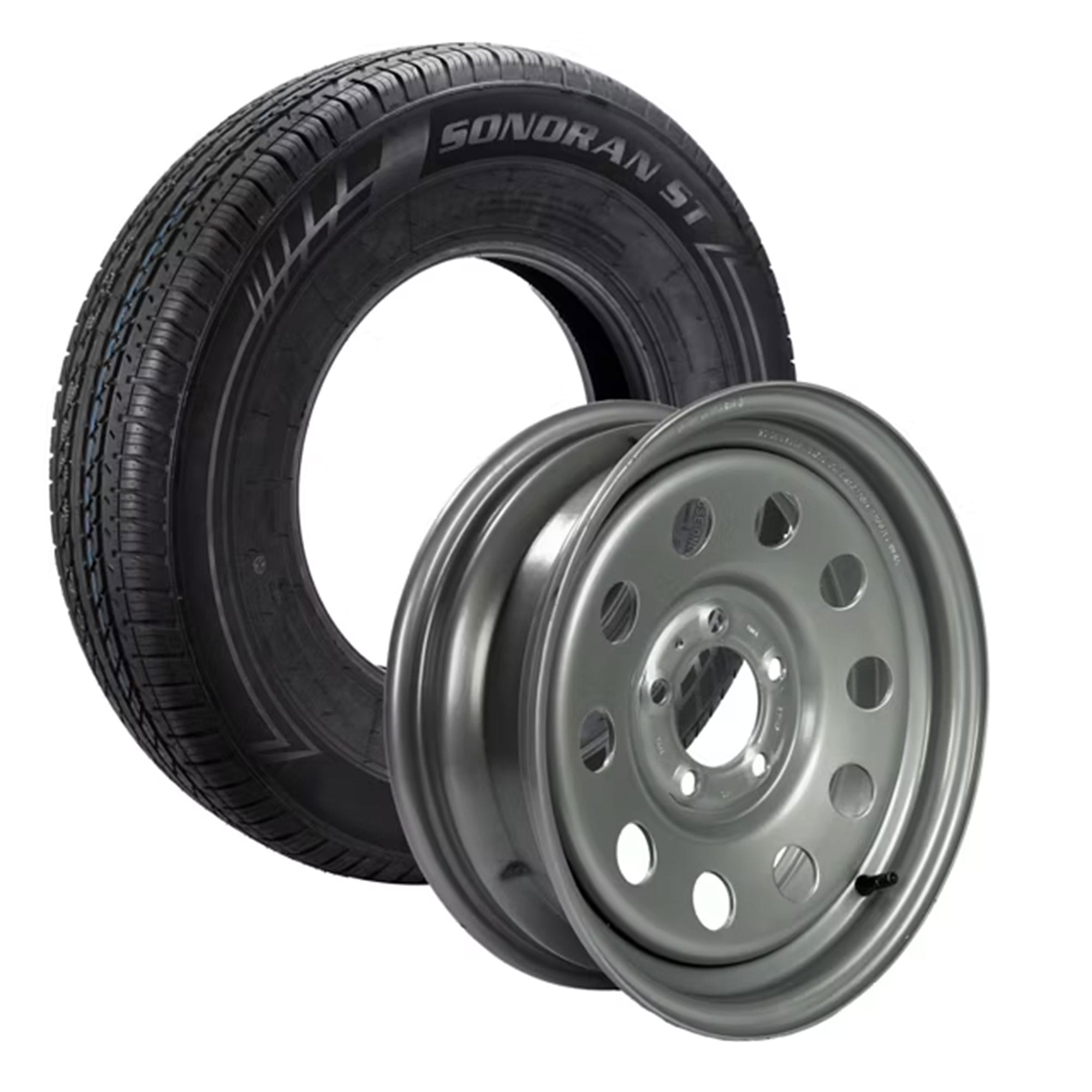 ST205/75R15" Sonoran Radial Tire & 15" Modular Steel Wheel Assembly – Load Range C, 5 on 4.5" Bolt Pattern, Silver Gloss Finish, Zero Offset
