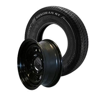 ST225/75R15″ Load Range E, Sonoran Radial Tire & 15″ Modular Steel Wheel Assembly, 6 on 5.5″ Bolt Pattern, Black Gloss Finish, Zero Offset