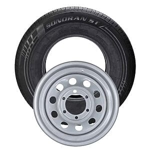 ST225/75R15" Load Range D, Sonoran Radial Tire & 15" Modular Steel Wheel Assembly – 6 on 5.5" Bolt Pattern, Silver Gloss Finish, Zero Offset