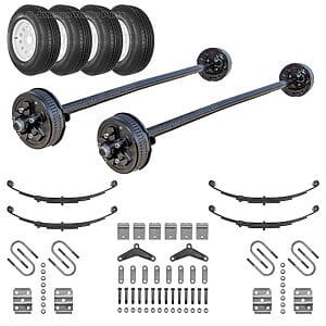 Dexter tandem 3500 lb electric brake trailer axle running gear kit with dual brake axles, tandem hanger kit, leaf springs, U-bolt kits, 15 inch trailer wheels, and ST205/75R15 radial tires