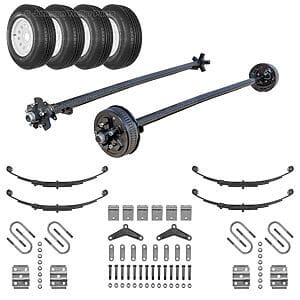 Dexter tandem 3500 lb trailer axle running gear kit with one electric brake axle, one idler axle, tandem hanger kit, leaf springs, U-bolt kits, wheels, and ST205/75R15 radial trailer tires