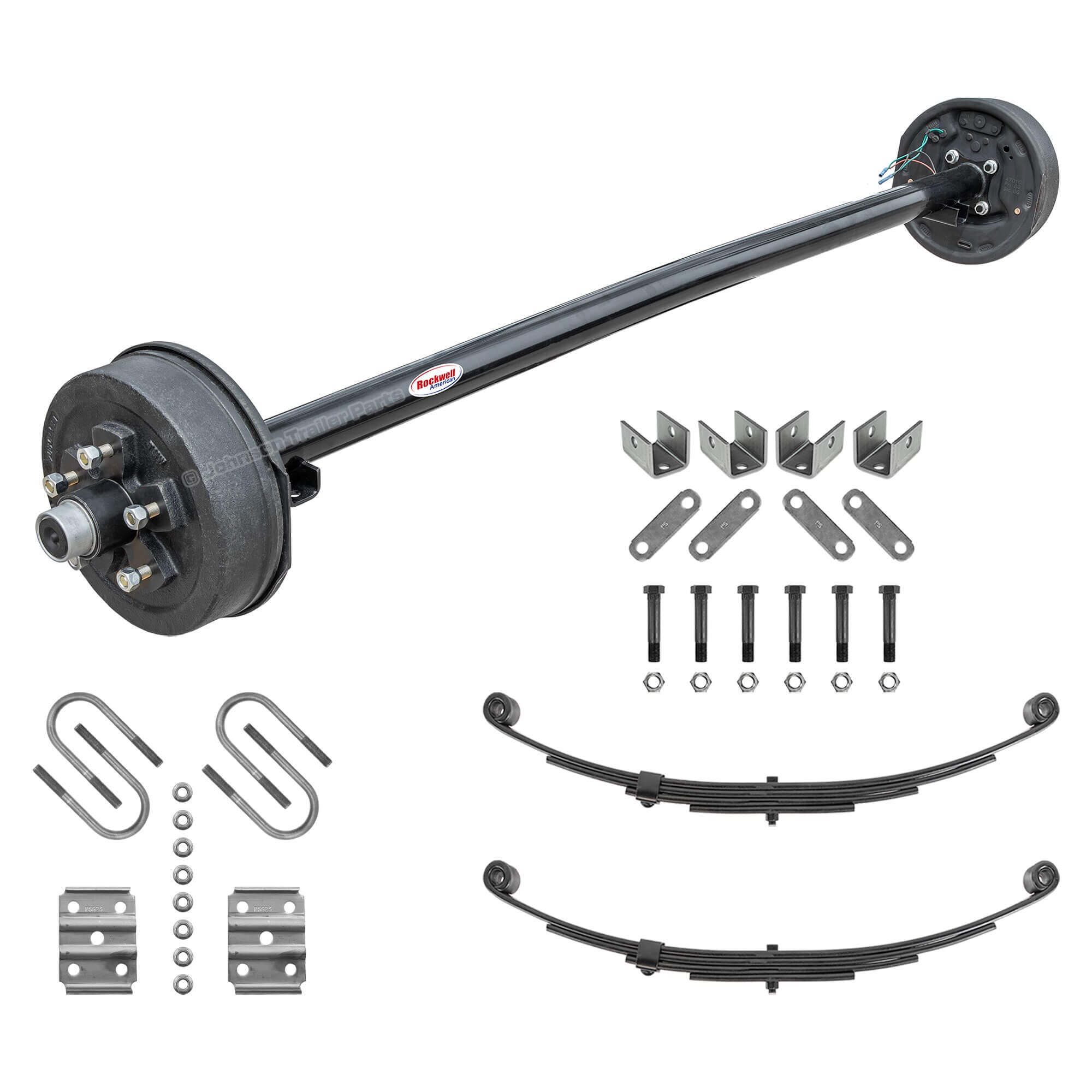 Rockwell American 3500 lb electric brake trailer axle build kit with leaf springs, U-bolts, and hanger kit