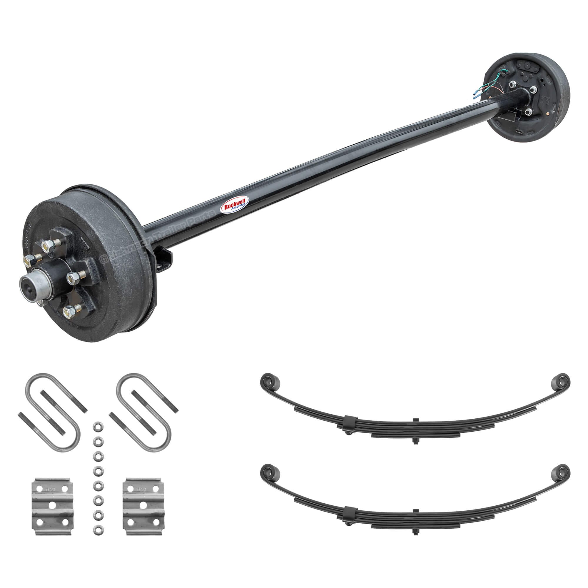 Rockwell American 3500 lb electric brake trailer axle suspension kit with leaf springs and U-bolts