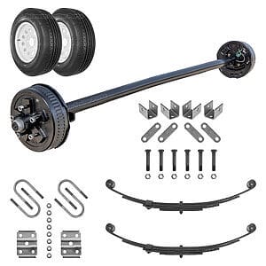 Dexter 3500 lb electric brake trailer axle running gear kit with wheels, radial tires, leaf springs, U-bolt kit, and hanger kit for single axle trailers