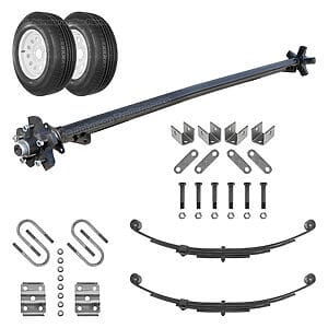 Dexter 3500 lb idler trailer axle running gear kit with wheels, radial tires, leaf springs, U-bolt kit, and hanger kit for single axle trailers