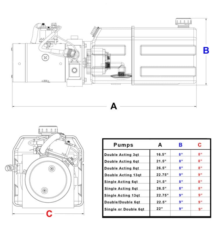 KTI hydraulic pump dimensions diagram showing A B C measurements for single and double acting pumps