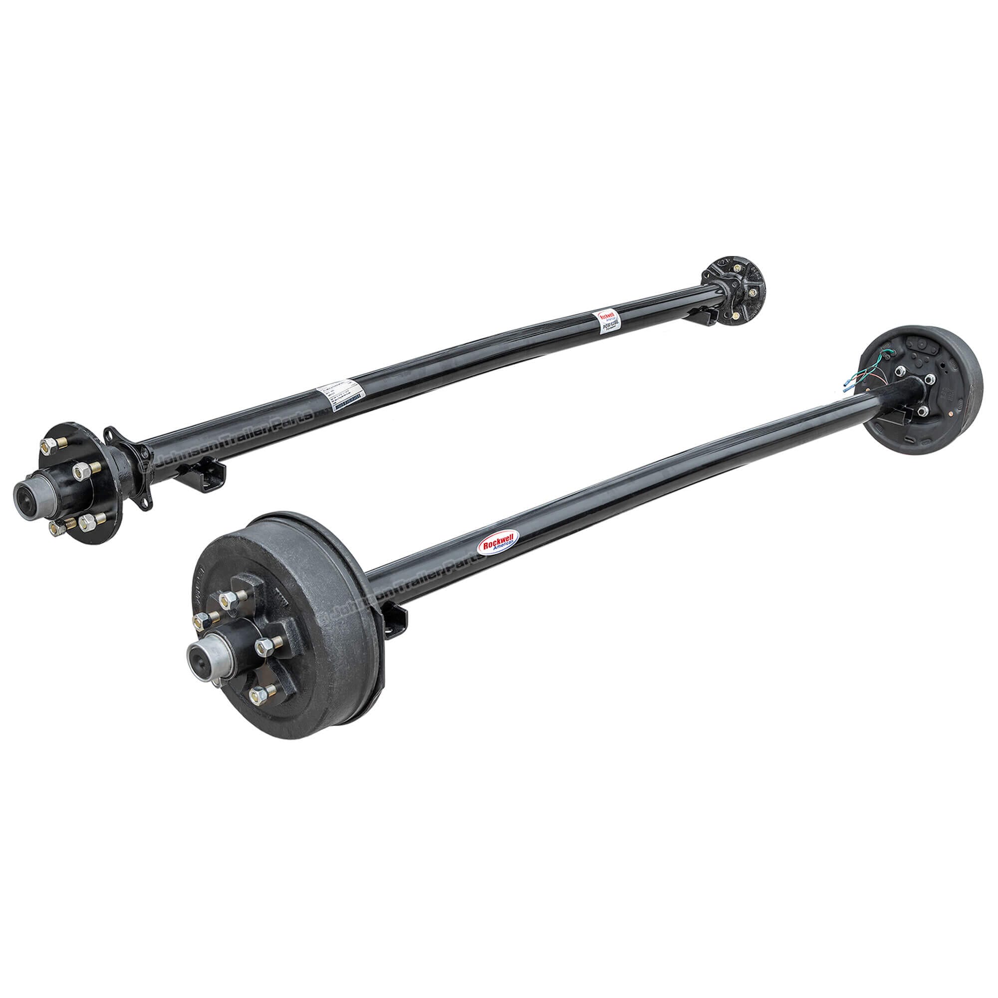 Rockwell American tandem 3500 lb trailer axle set with one electric brake axle and one idler axle for tandem trailer applications