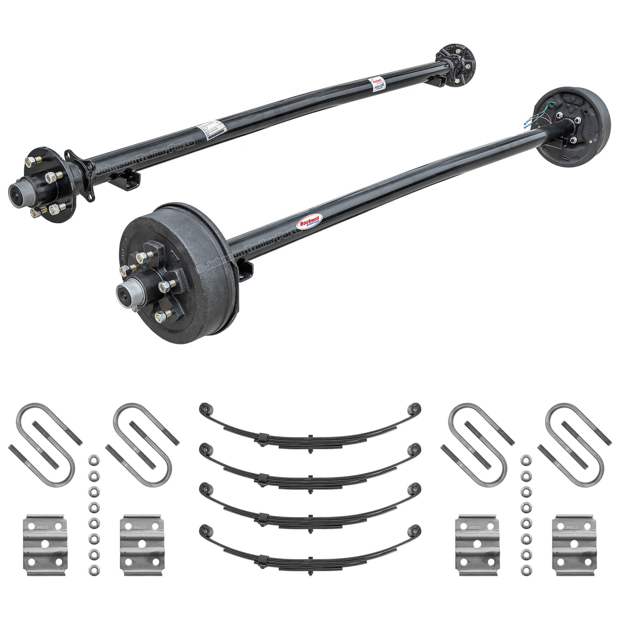 Rockwell American tandem 3500 lb trailer suspension kit with one electric brake axle, one idler axle, double-eye leaf springs, and U-bolt kits