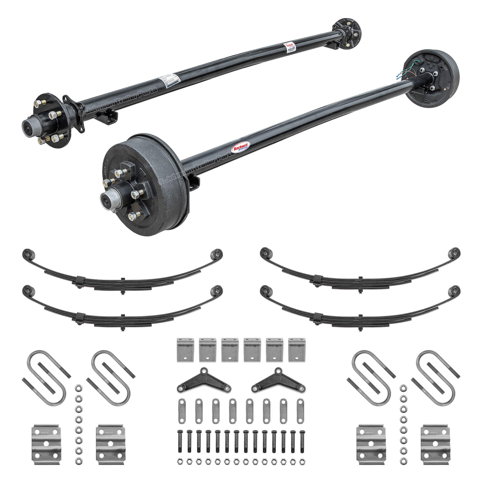 Rockwell American tandem 3500 lb trailer axle kit with one electric brake axle, one idler axle, tandem hanger kit, double-eye leaf springs, and U-bolt kits